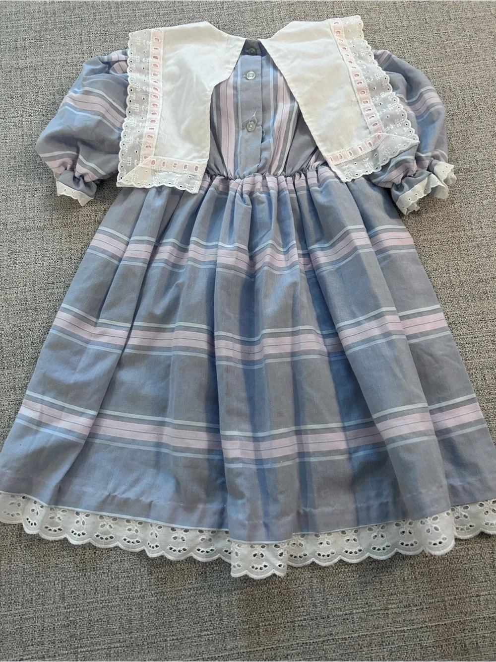 Blue and Pink Striped Girls Dress with Lace Bib. Size 6-8